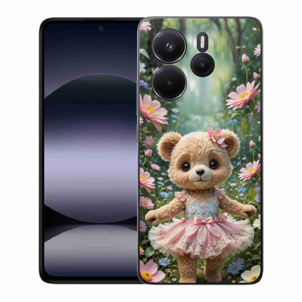 Gelový kryt mmCase na Xiaomi Redmi Note 14 - roztomilý medvídek v květinách