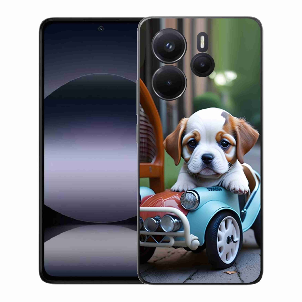 Gelový kryt mmCase na Xiaomi Redmi Note 14 - štěně v retro autě