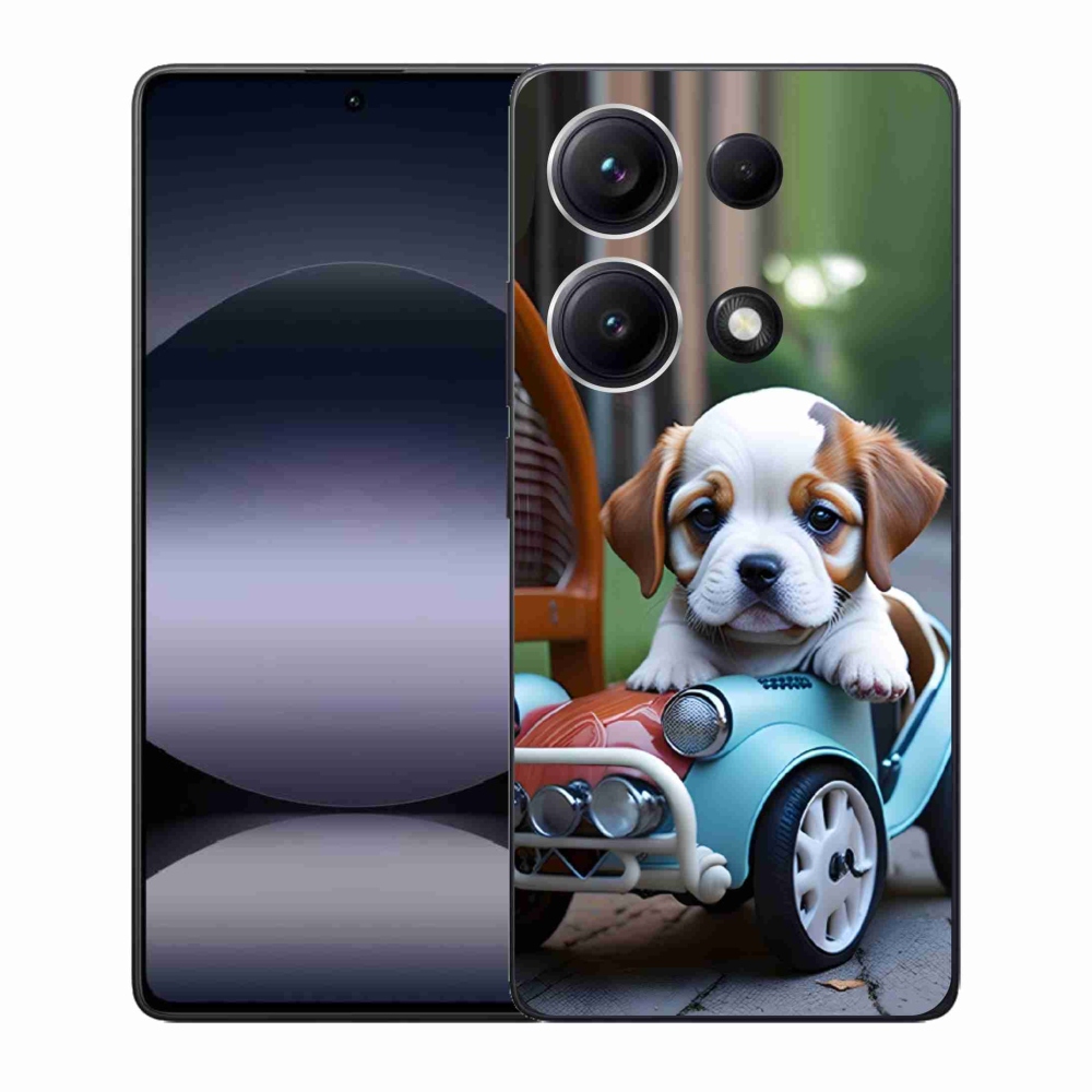 Gelový kryt mmCase na Xiaomi Redmi Note 14S - štěně v retro autě
