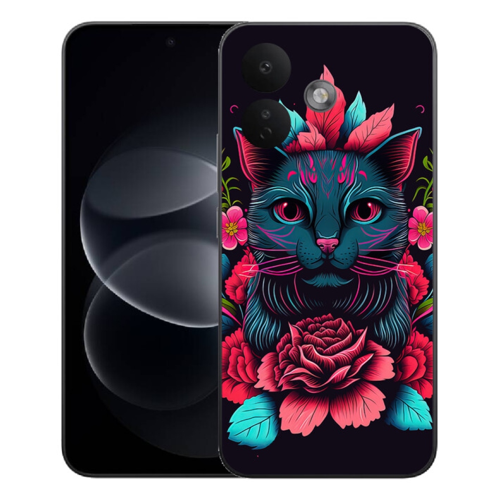 Gelový kryt mmCase na Xiaomi Redmi Note 17 Pro 5G - květiny a kočka