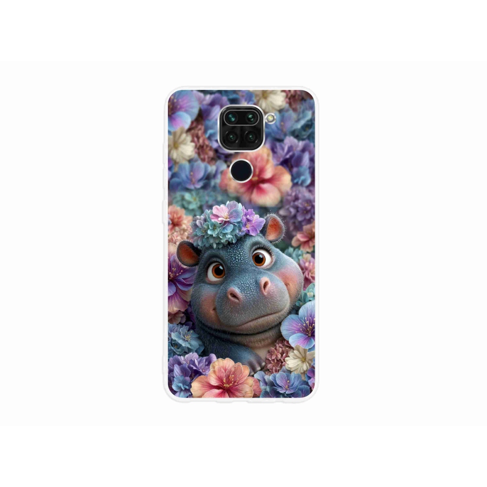 Gelový kryt mmCase na Xiaomi Redmi Note 9 - hrošík v květinách