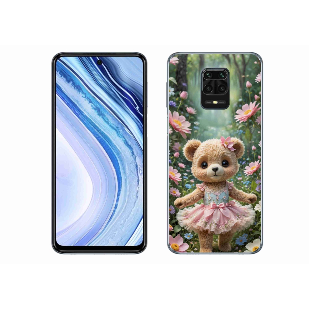 Gelový kryt mmCase na Xiaomi Redmi Note 9 Pro - roztomilý medvídek v květinách