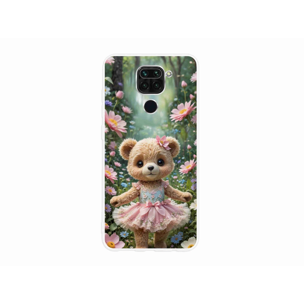 Gelový kryt mmCase na Xiaomi Redmi Note 9 - roztomilý medvídek v květinách