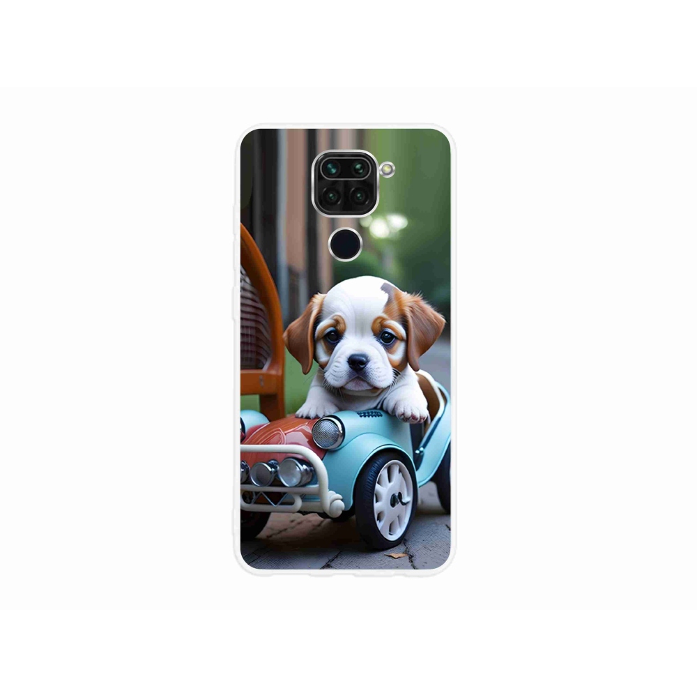 Gelový kryt mmCase na Xiaomi Redmi Note 9 - štěně v retro autě