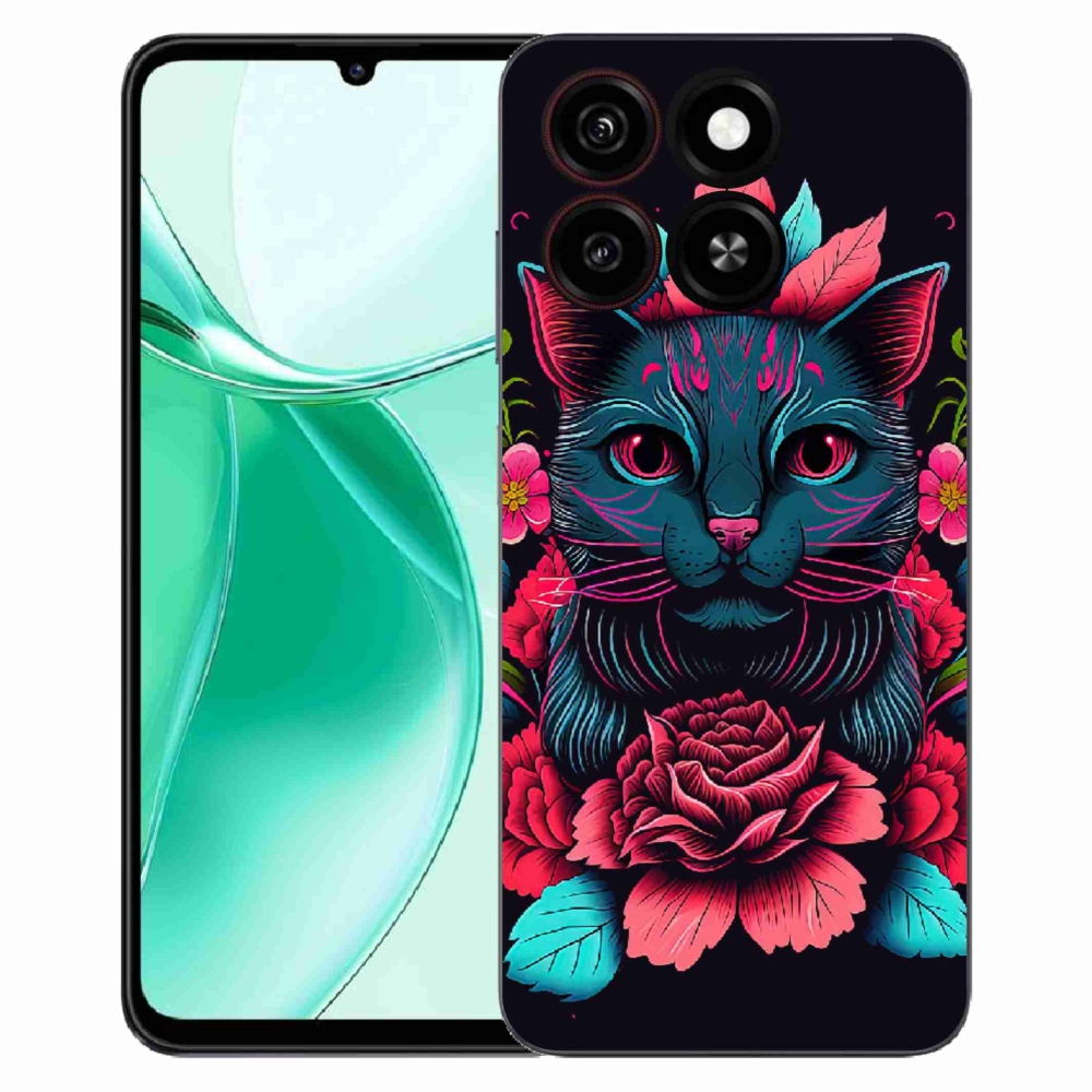 Gelový kryt mmCase na ZTE Blade A35 - květiny a kočka