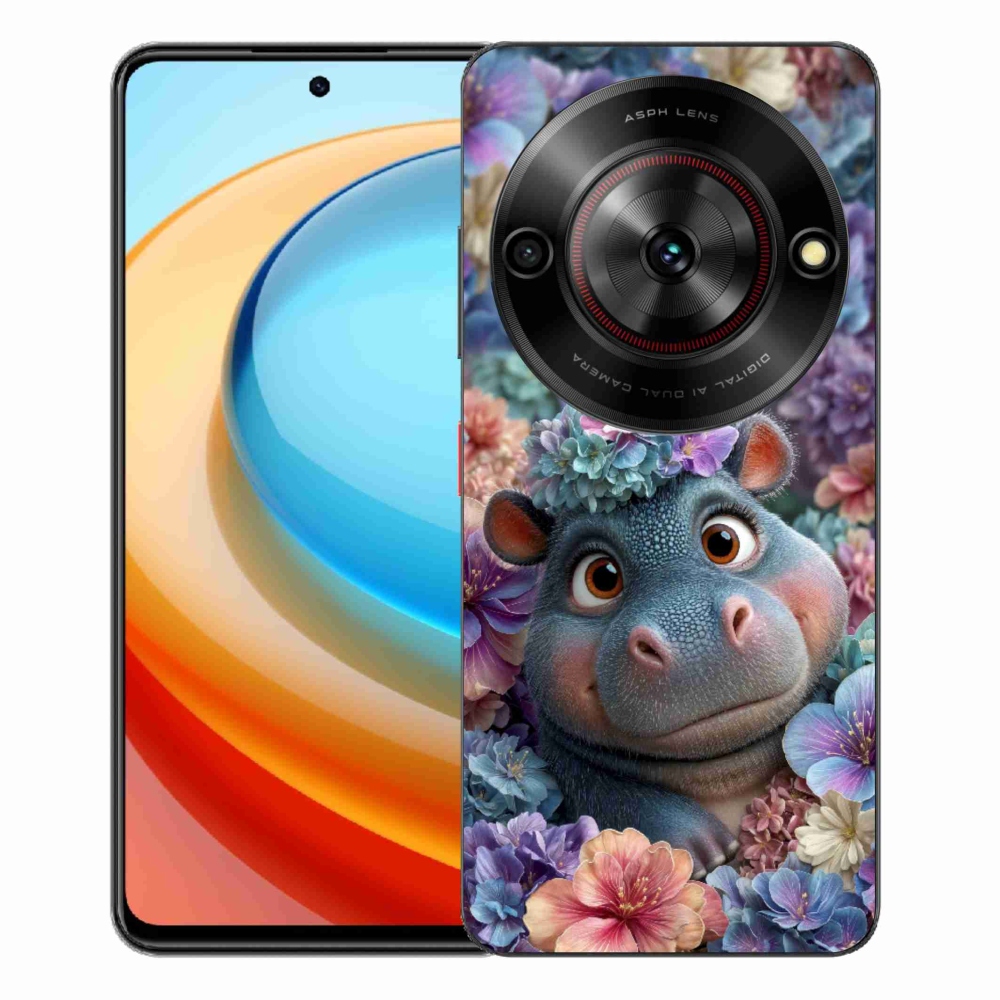 Gelový kryt mmCase na ZTE Blade A75 - hrošík v květinách