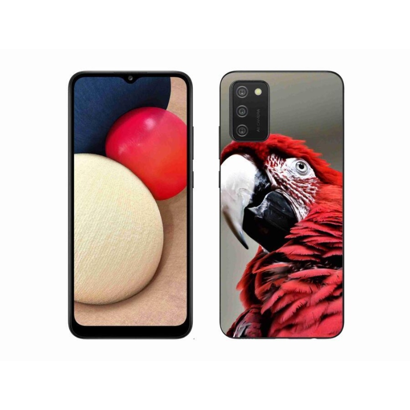 Gelový obal mmCase na mobil Samsung Galaxy A02s (164.2x75.9x9.1mm) - papoušek ara červený