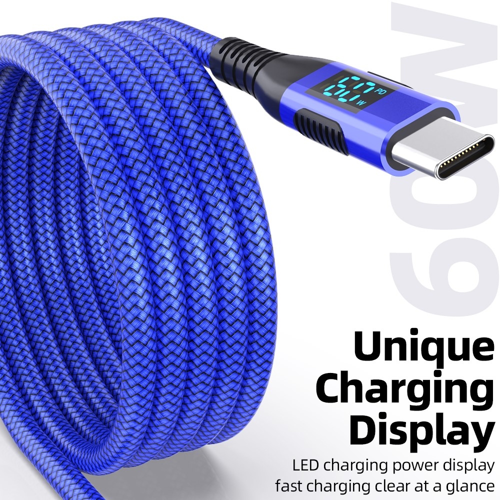 Nylonový kabel USB-C / USB-C s displejem 3m 60W - modrý