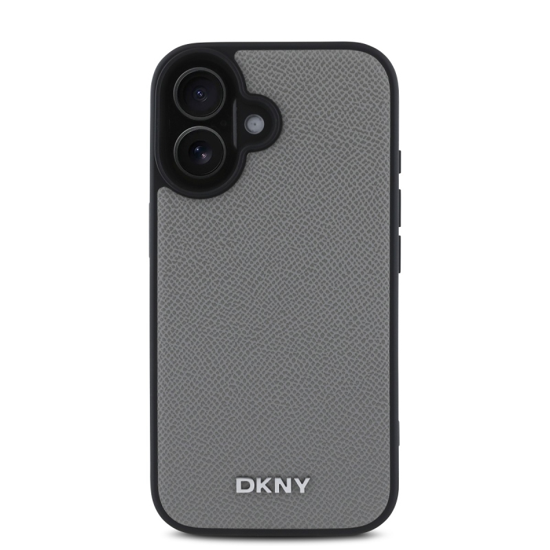 DKNY PU Leather Silver Metal Logo Magsafe Zadní Kryt pro iPhone 16 Grey