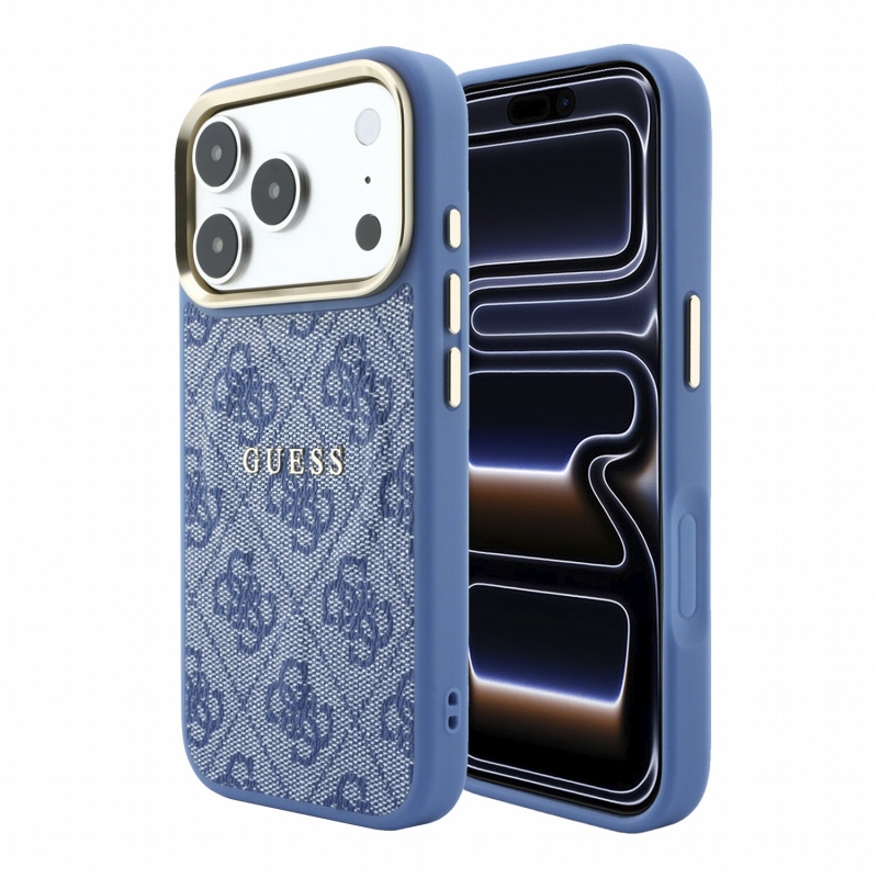 Guess PU Leather 4G Gold Frame Embossed MagSafe Zadní Kryt pro iPhone 18 Pro Blue
