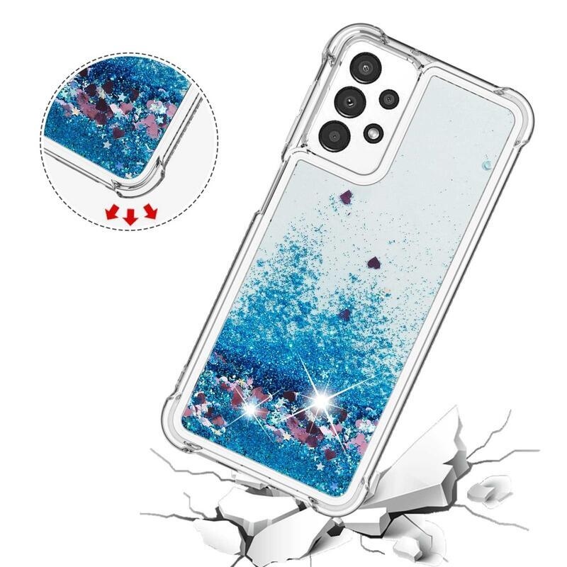 Glitter gelový přesýpací obal na mobil Samsung Galaxy A13 4G - modrý/srdíčka
