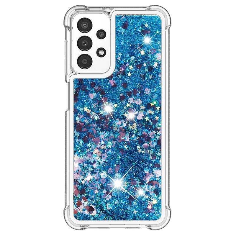 Glitter gelový přesýpací obal na mobil Samsung Galaxy A13 4G - modrý/srdíčka