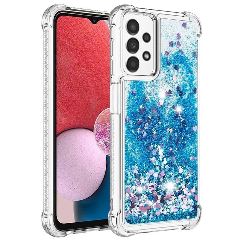 Glitter gelový přesýpací obal na mobil Samsung Galaxy A13 4G - modrý/srdíčka