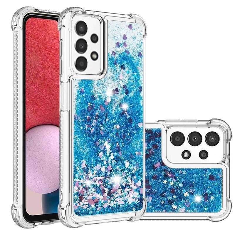 Glitter gelový přesýpací obal na mobil Samsung Galaxy A13 4G - modrý/srdíčka