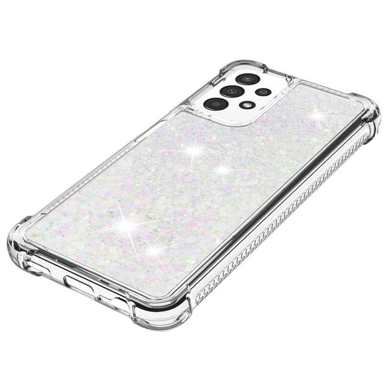 Glitter gelový přesýpací obal na mobil Samsung Galaxy A13 4G - růžovostříbrný/srdíčka