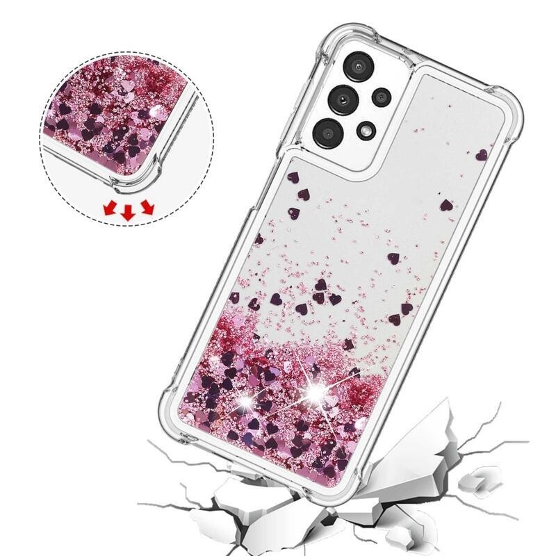 Glitter gelový přesýpací obal na mobil Samsung Galaxy A13 4G - růžovozlatý/srdíčka