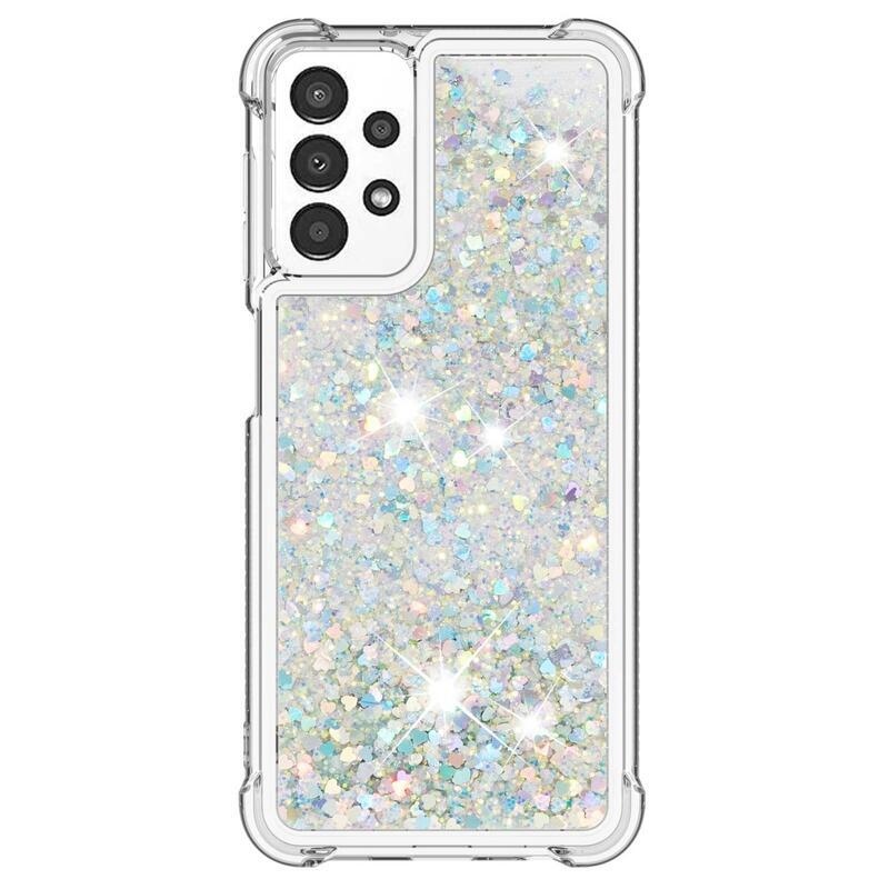 Glitter gelový přesýpací obal na mobil Samsung Galaxy A13 4G - stříbrný/srdíčka