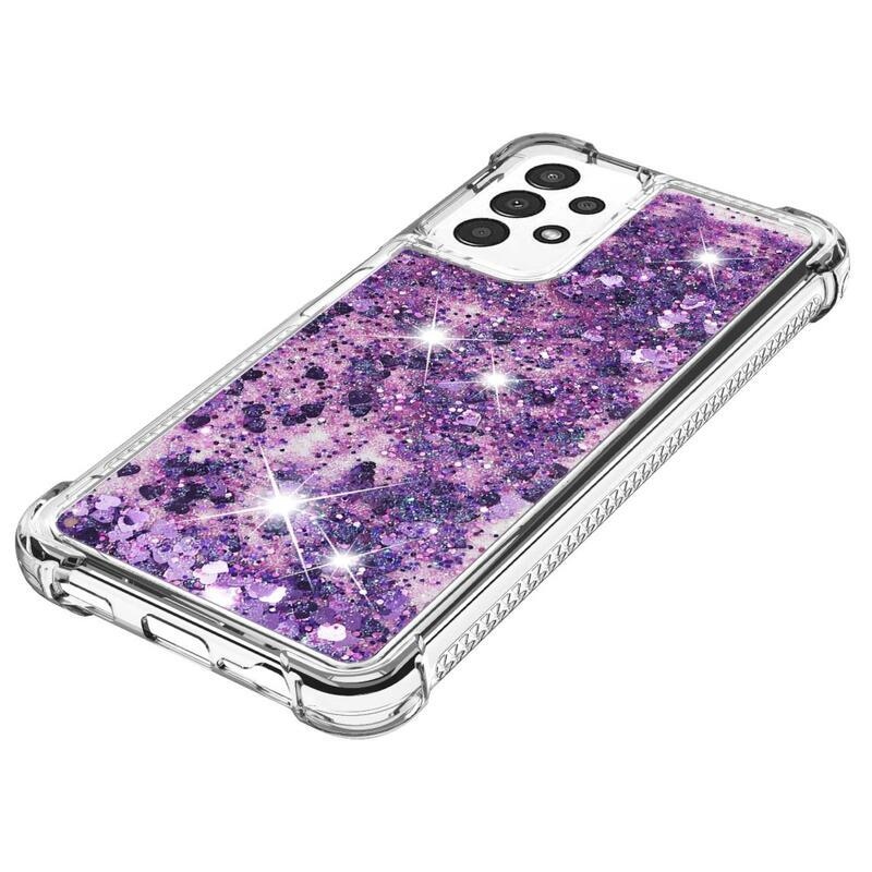 Glitter gelový přesýpací obal na mobil Samsung Galaxy A13 4G - tmavěfialový/srdíčka