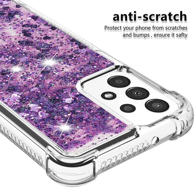 Glitter gelový přesýpací obal na mobil Samsung Galaxy A13 4G - tmavěfialový/srdíčka