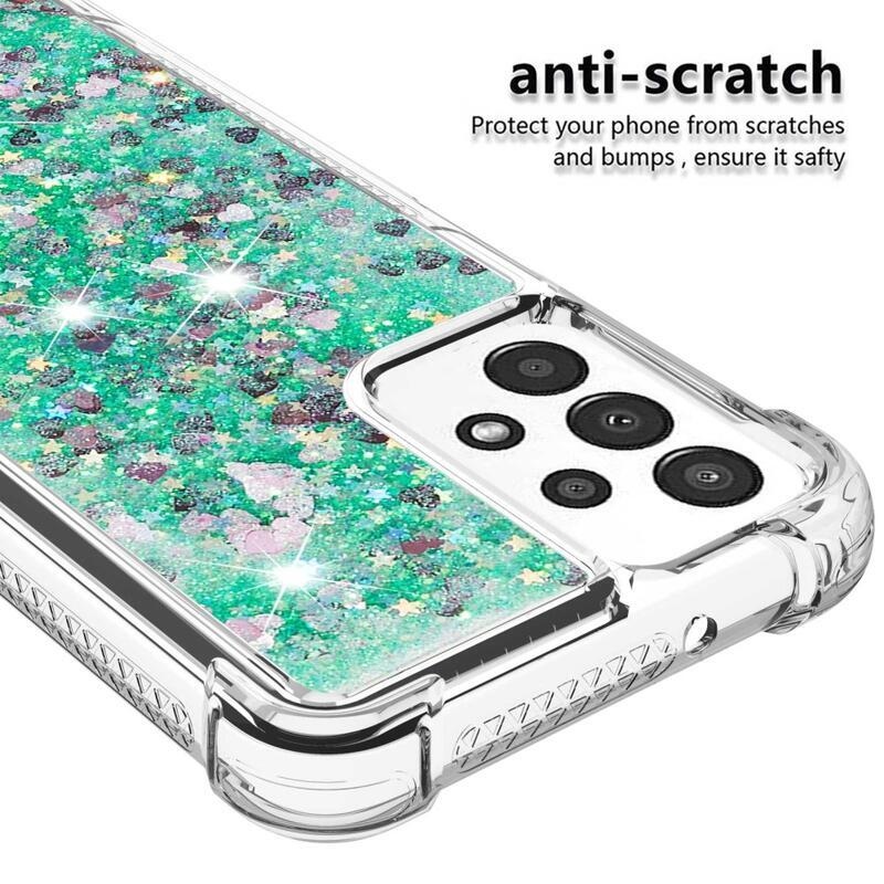 Glitter gelový přesýpací obal na mobil Samsung Galaxy A13 4G - zelený/srdíčka