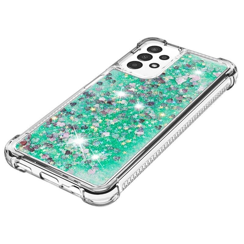 Glitter gelový přesýpací obal na mobil Samsung Galaxy A13 4G - zelený/srdíčka