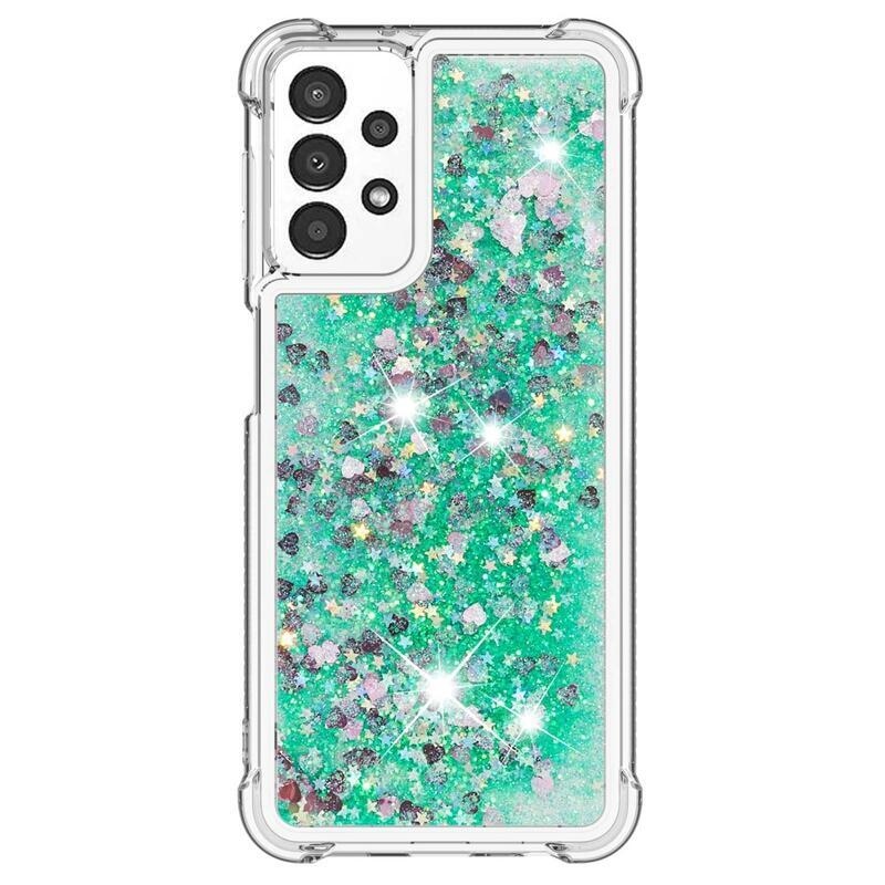 Glitter gelový přesýpací obal na mobil Samsung Galaxy A13 4G - zelený/srdíčka