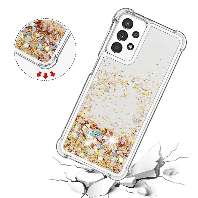 Glitter gelový přesýpací obal na mobil Samsung Galaxy A13 4G - zlatý/srdíčka