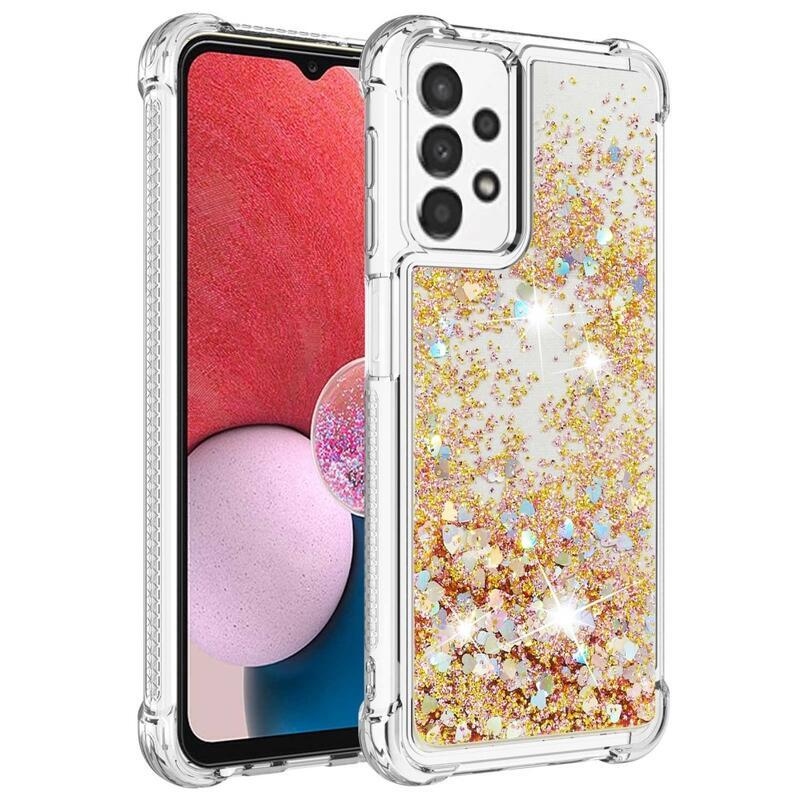 Glitter gelový přesýpací obal na mobil Samsung Galaxy A13 4G - zlatý/srdíčka