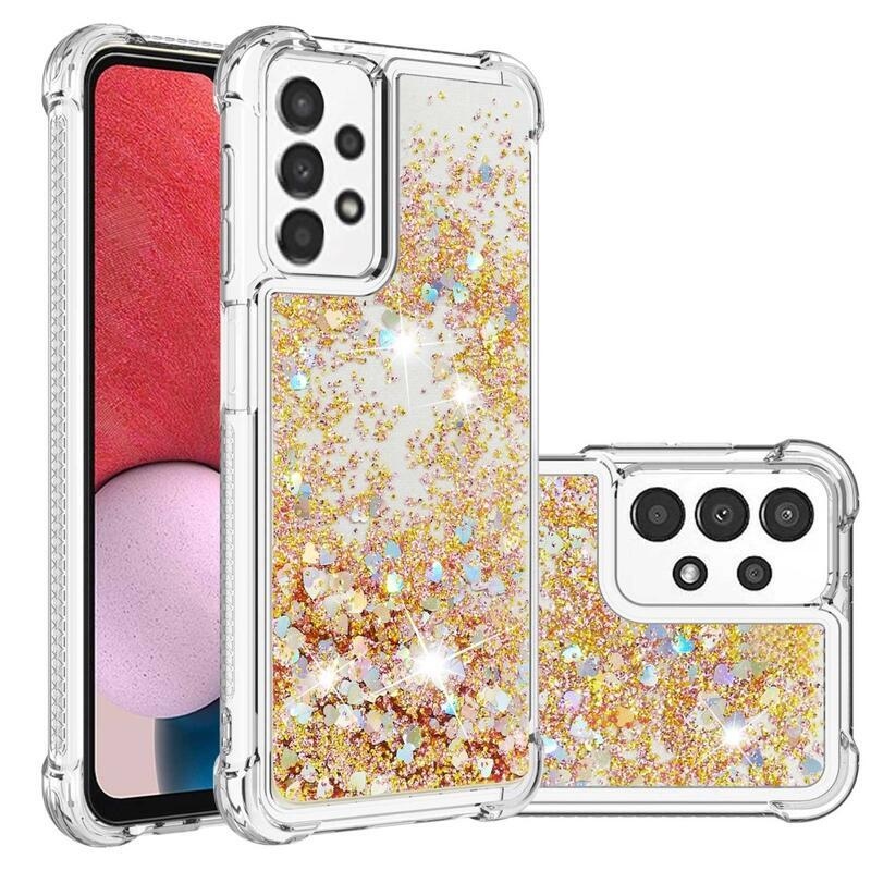 Glitter gelový přesýpací obal na mobil Samsung Galaxy A13 4G - zlatý/srdíčka