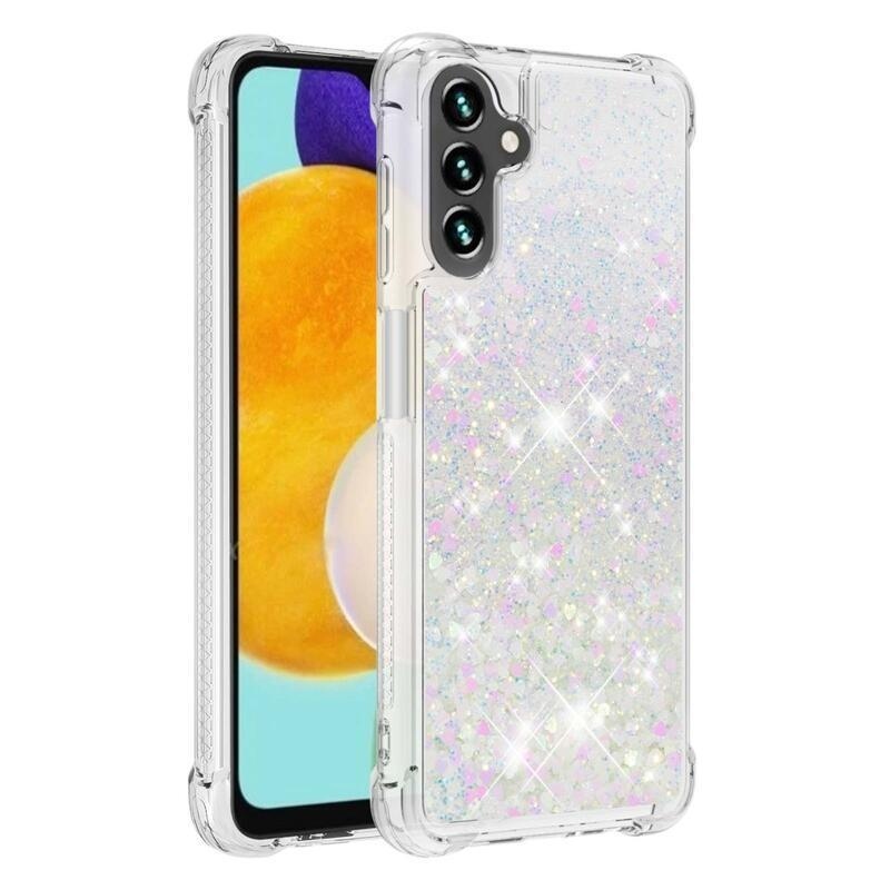 Glitter gelový přesýpací obal na mobil Samsung Galaxy A13 5G/Galaxy A04s (164.7 x 76.7 x 9.1 mm) - růžovostříbrný/srdíčka