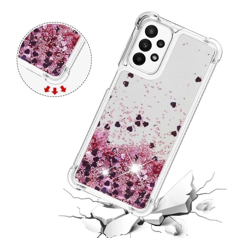 Glitter gelový přesýpací obal na mobil Samsung Galaxy A23 4G/5G - růžovozlatý/srdíčka