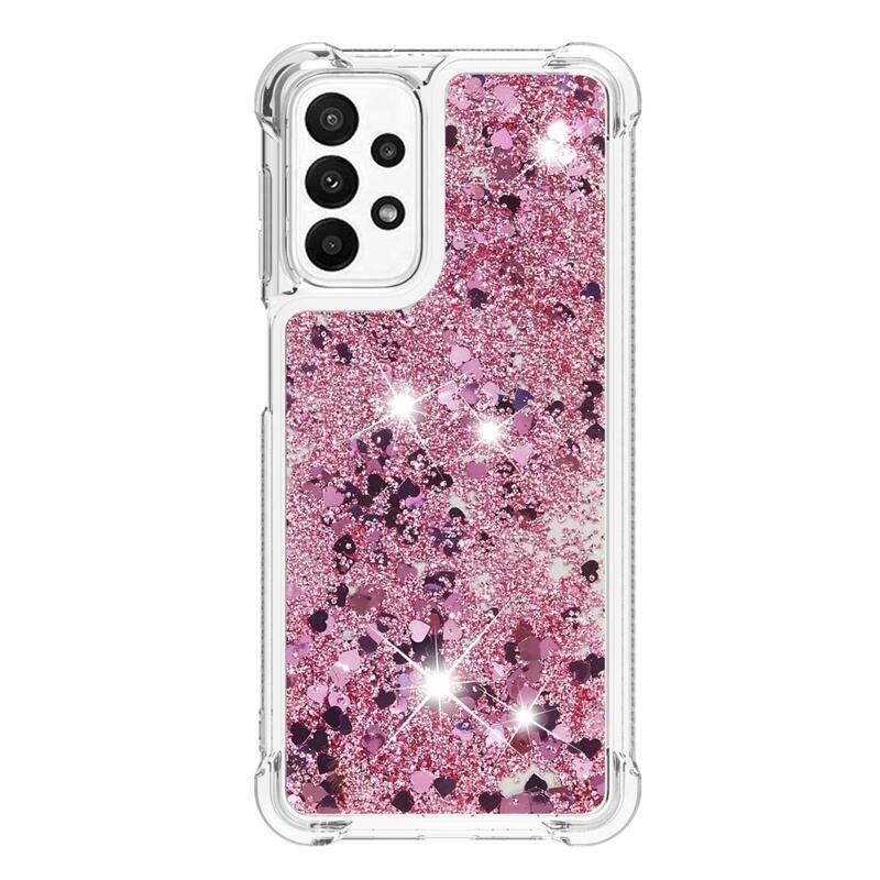 Glitter gelový přesýpací obal na mobil Samsung Galaxy A23 4G/5G - růžovozlatý/srdíčka