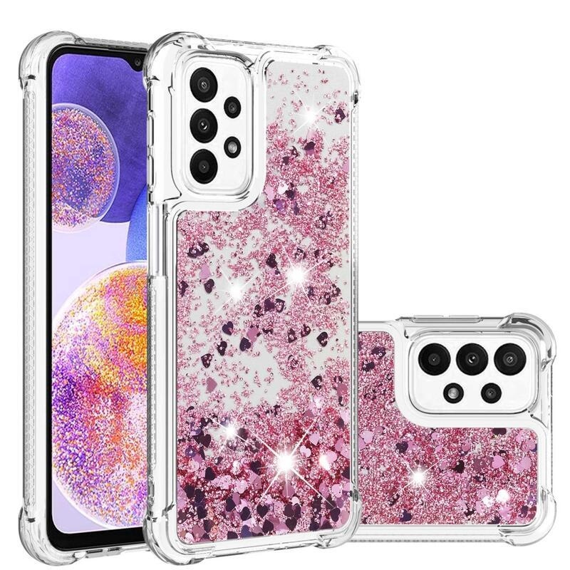 Glitter gelový přesýpací obal na mobil Samsung Galaxy A23 4G/5G - růžovozlatý/srdíčka