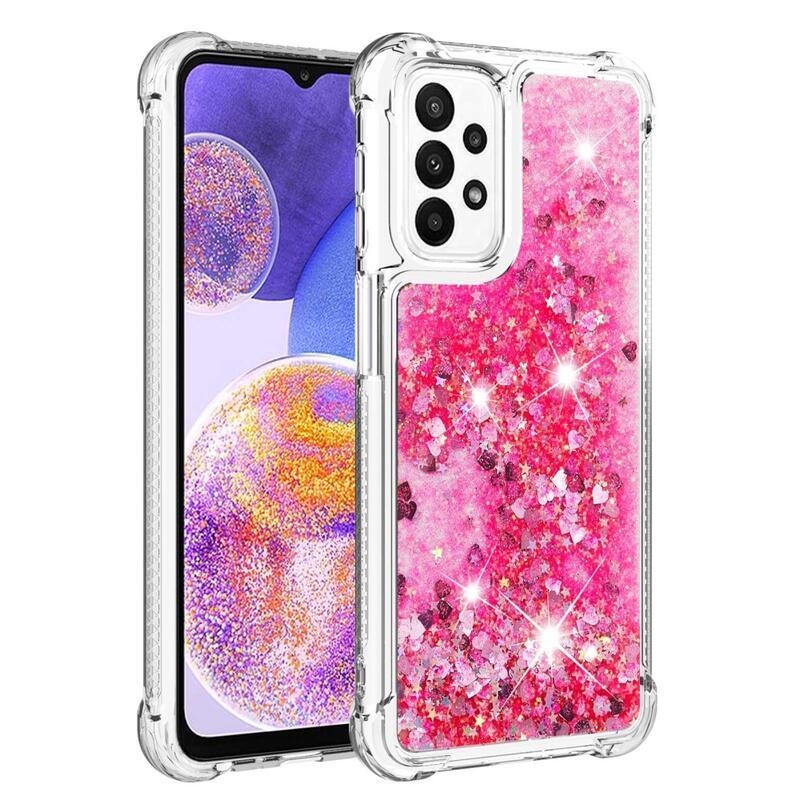 Glitter gelový přesýpací obal na mobil Samsung Galaxy A23 4G/5G - růžový/srdíčka