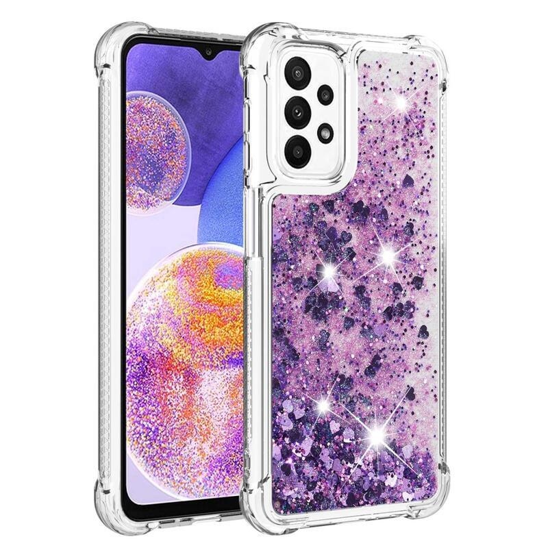 Glitter gelový přesýpací obal na mobil Samsung Galaxy A23 4G/5G - tmavěfialový/srdíčka