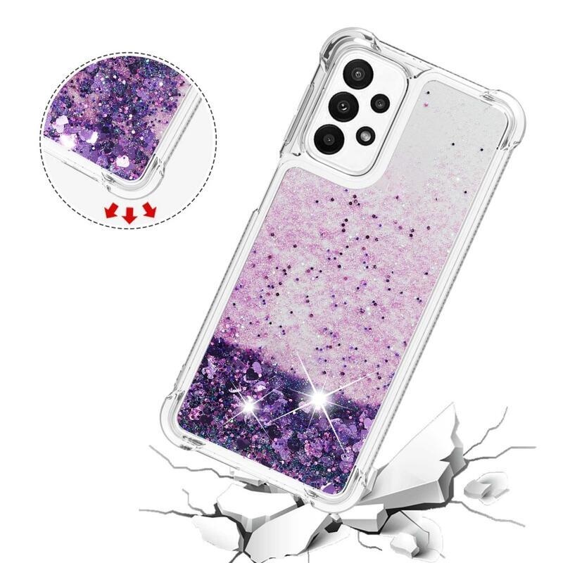 Glitter gelový přesýpací obal na mobil Samsung Galaxy A23 4G/5G - tmavěfialový/srdíčka