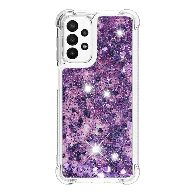Glitter gelový přesýpací obal na mobil Samsung Galaxy A23 4G/5G - tmavěfialový/srdíčka