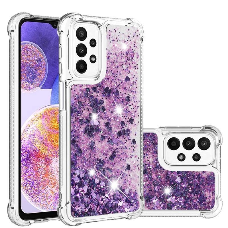 Glitter gelový přesýpací obal na mobil Samsung Galaxy A23 4G/5G - tmavěfialový/srdíčka