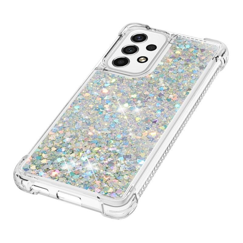 Glitter gelový přesýpací obal na mobil Samsung Galaxy A53 5G - stříbrný/srdíčka
