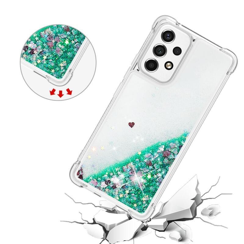 Glitter gelový přesýpací obal na mobil Samsung Galaxy A53 5G - zelený/srdíčka