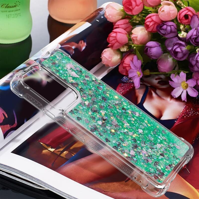 Glitter gelový přesýpací obal na mobil Samsung Galaxy A53 5G - zelený/srdíčka