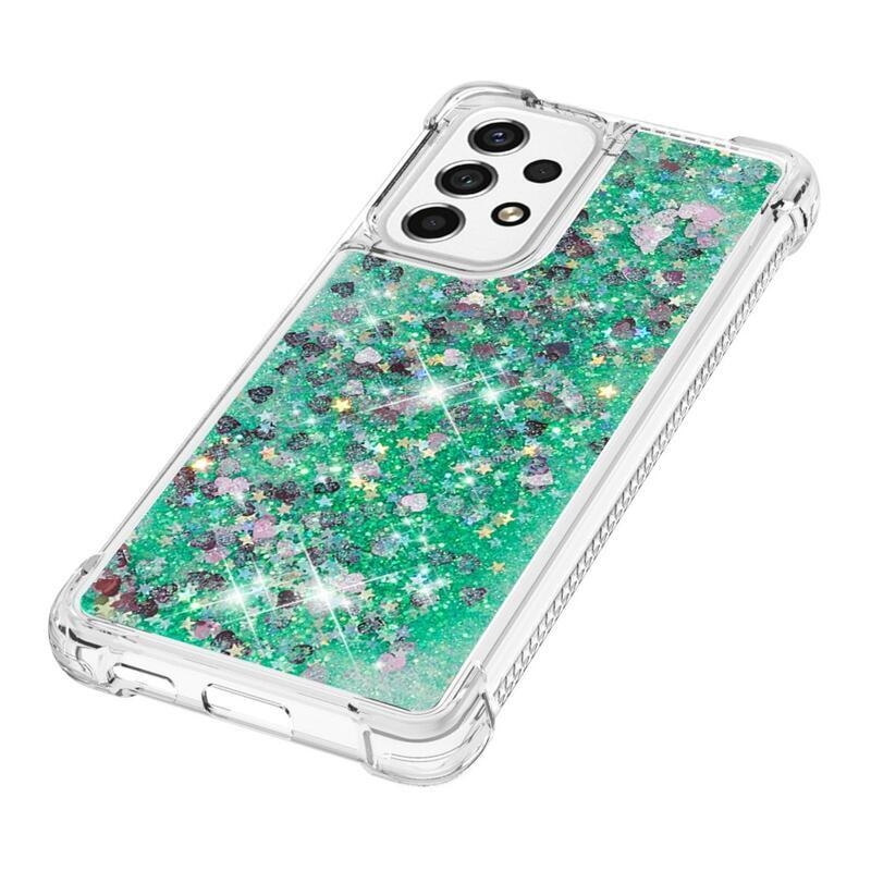 Glitter gelový přesýpací obal na mobil Samsung Galaxy A53 5G - zelený/srdíčka
