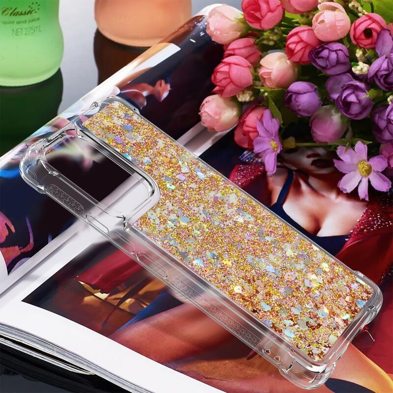 Glitter gelový přesýpací obal na mobil Samsung Galaxy A53 5G - zlatý/srdíčka