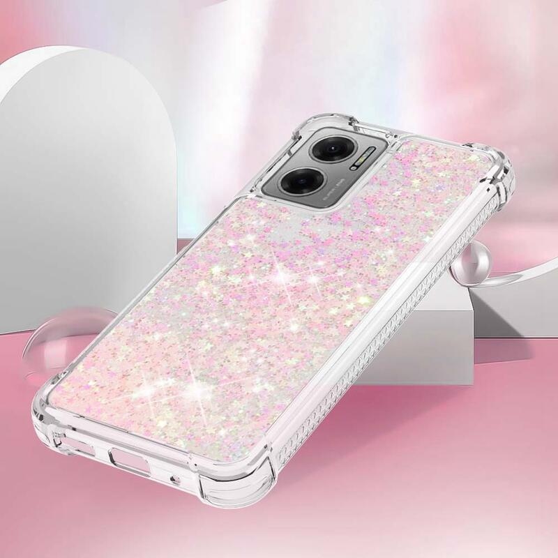 Glitter gelový přesýpací obal na mobil Xiaomi Poco M4 5G - růžový/hvězdičky