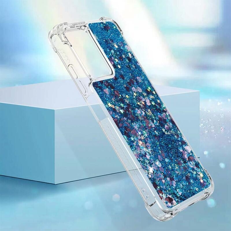 Glitter gelový přesýpací obal na mobil Xiaomi Redmi 10 5G - modrý/srdíčka