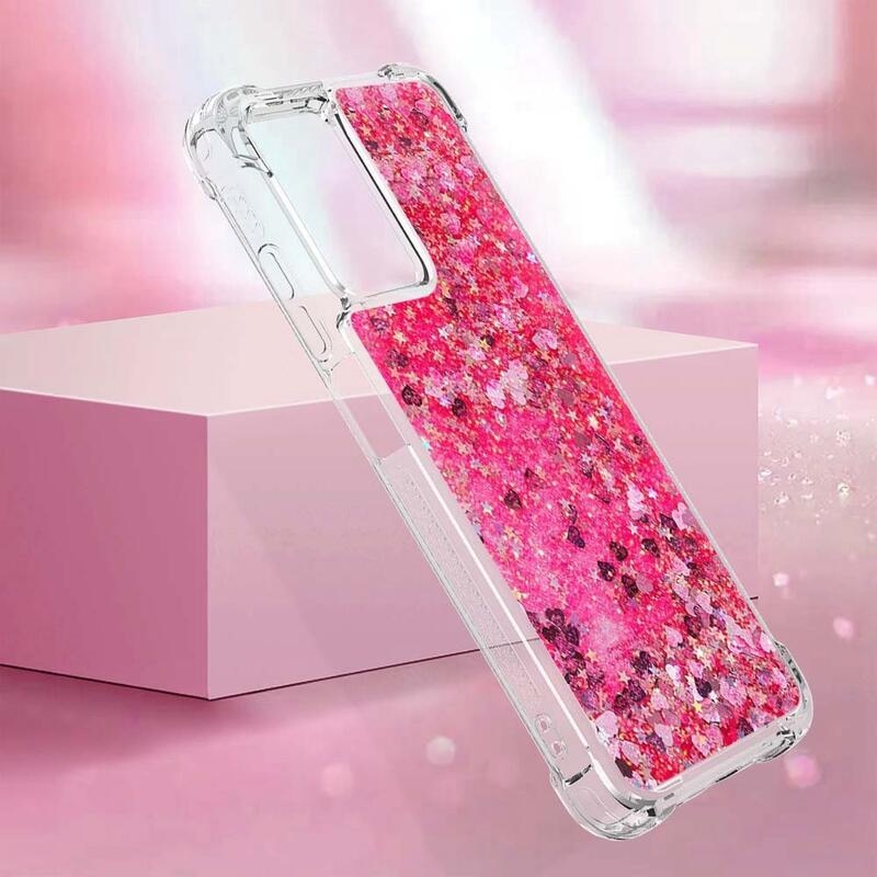 Glitter gelový přesýpací obal na mobil Xiaomi Redmi 10 5G - růžový/srdíčka