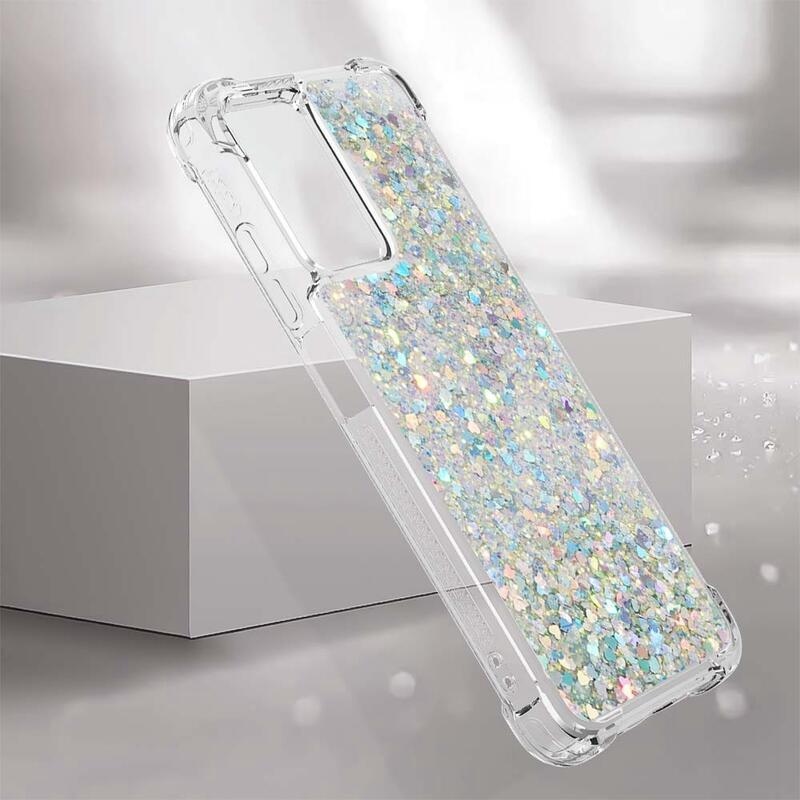 Glitter gelový přesýpací obal na mobil Xiaomi Redmi 10 5G - stříbrný/srdíčka
