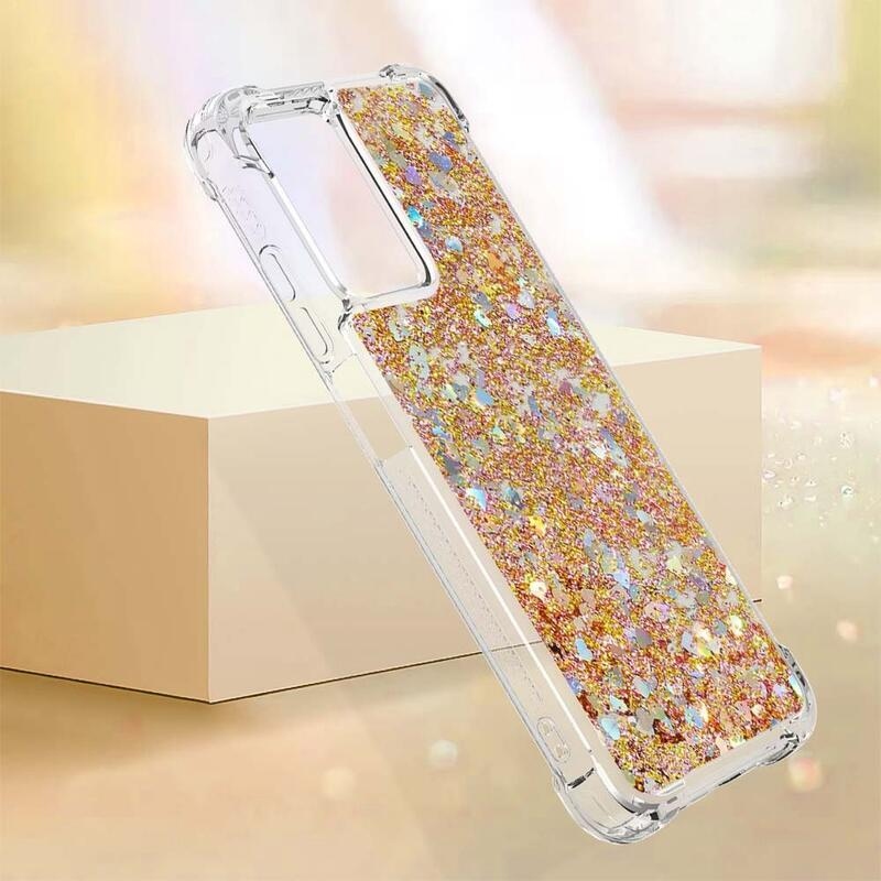Glitter gelový přesýpací obal na mobil Xiaomi Redmi 10 5G - zlatý/srdíčka