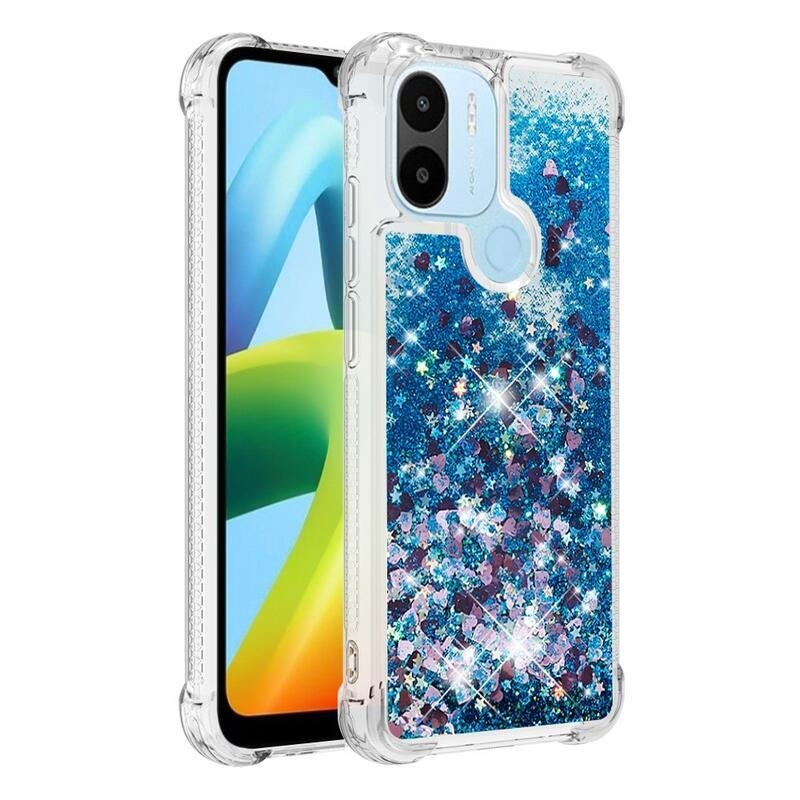 Glitter gelový přesýpací obal na mobil Xiaomi Redmi A1+/A2+ - modrý/srdíčka