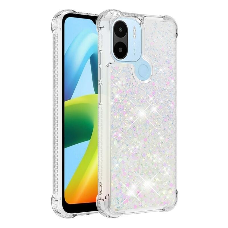 Glitter gelový přesýpací obal na mobil Xiaomi Redmi A1+/A2+ - růžovostříbrný/srdíčka